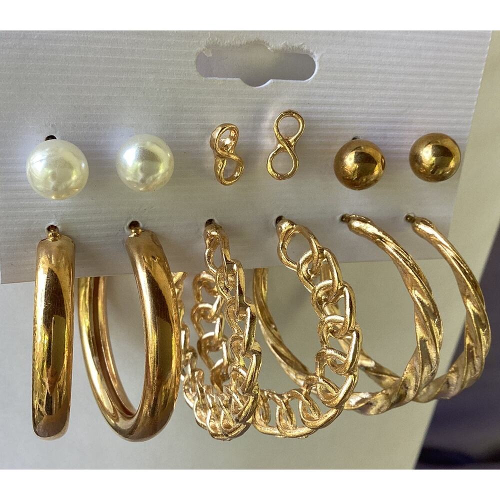 4211 NIP 6 Pair Goldtone Faux Pearls Hoops Contemporary Drop Earrings Studs